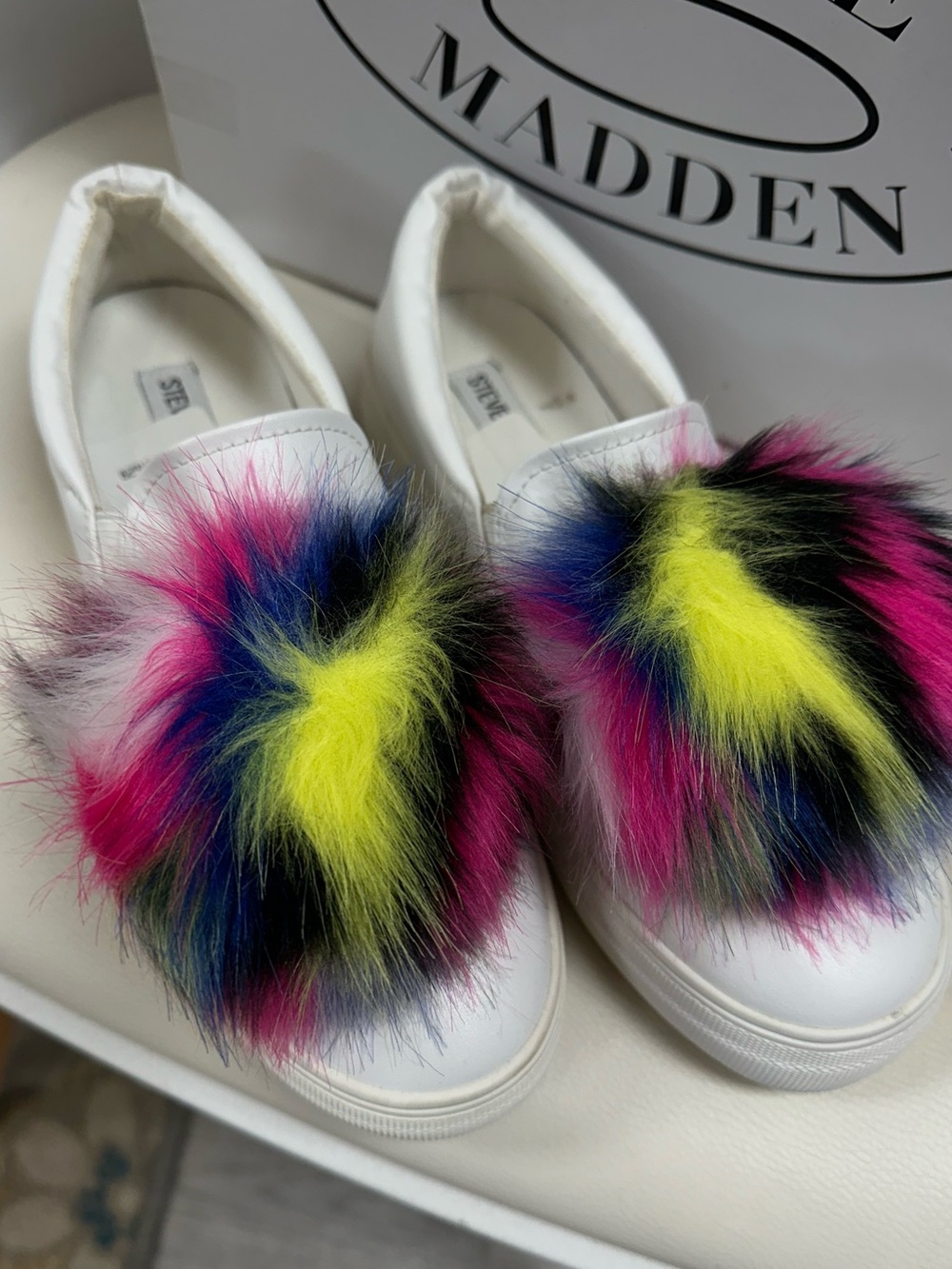 Steve Madden GREAT White Multi Faux Fur Pom Pom Slip-On Sneakers
